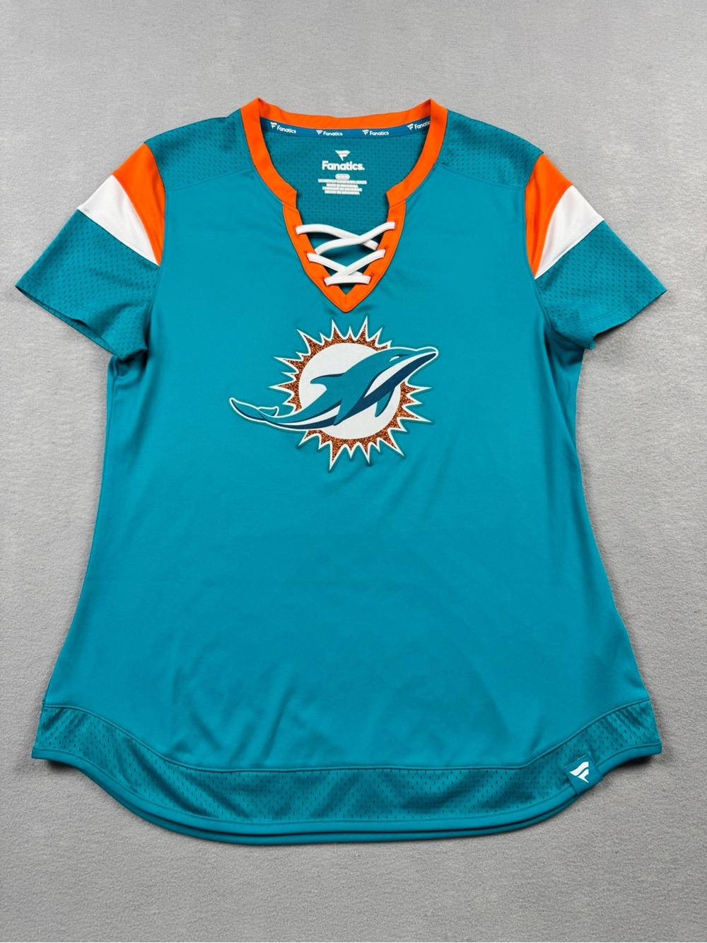 Miami Dolphins Womens Blue Short Sleeve Lace Up Jersey Top Medium NFL Football